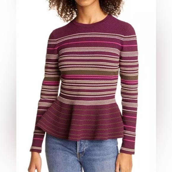 Ted Baker London Leytina Striped Peplum Burgundy Sweater SZ 2 - Picture 1 of 7